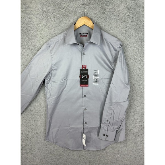 Van Heusen Dress Shirt Mens 15.5 32/33 Gray Flex Collar Slim Fit Stretch Men New
